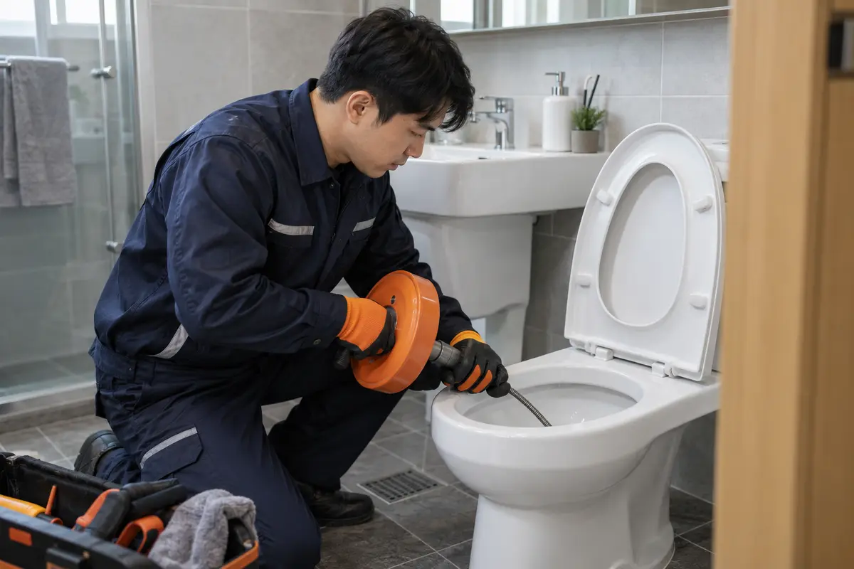 안산 변기막힘 — 장비로 변기 배수 상태를 확인하는 작업 장면